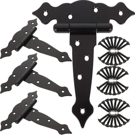 Lot de 4 charnières de porte de 15,2 cm pour abri de jardin, grange, charnières de portail robustes pour clôtures en bois, charnières décoratives classiques noires (1/5)