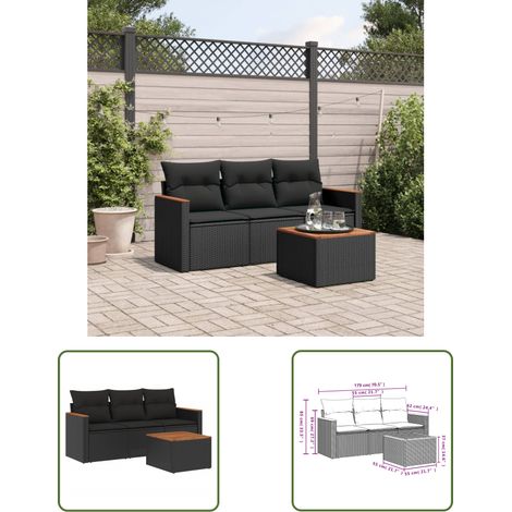 The Living Store 4-tlg. Garten-Sofagarnitur mit Kissen Schwarz Poly Rattan - Gartenmöbel - Esstisch - Lounge Set - Outdoor Möbel - Rattan Gartenset (1/3)
