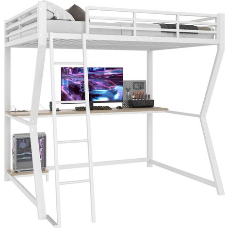 Lit mezzanine 140x200 cm avec LED, bureau intégré, étagère PC, prise USB, garde-corps et escalier, structure métal MDF, sans matelas, blanc  CHICFURN (1/5)