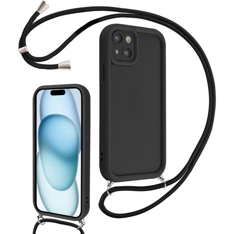 Coque pour iPhone 15 6,1" avec Cordon de Collier Réglable, Etui Protection de la Caméra Silicone Souple TPU Antichoc Housse avec Corde Lanyard Cover pour Femmes Filles, Noir (1/5)