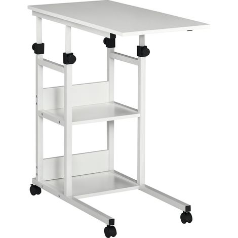 Table d'appoint à roulettes, réglable en hauteur, 2 plateaux, structure métallique, dimensions 80x40x72-82 cm, couleur blanc