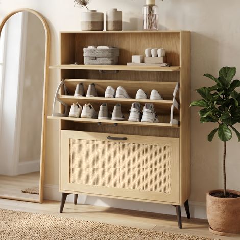 Meuble à chaussures Bois 80 cm, avec tiroirs et couvercle rabattable - pouvant contenir 12 paires de chaussures, finition bois - Naturel (1/5)