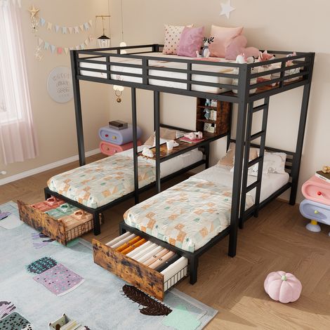 Lit superposé 140x200 cm + 90x200 cm - 3 couchages - avec barrières latérales - compartiments de rangement - 2 tiroirs - noir (matelas non inclus)