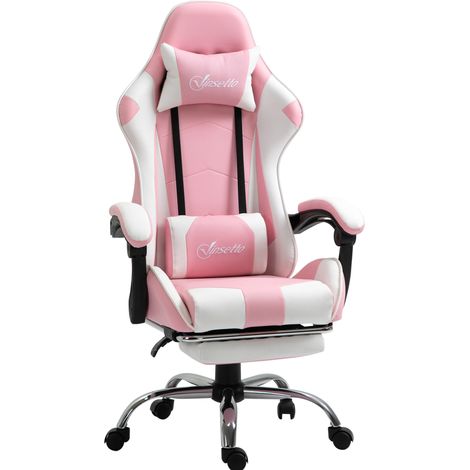 Fauteuil de jeu ergonomique avec appui-tête et coussin lombaire, hauteur réglable, roulettes 360°, rose et blanc (1/5)