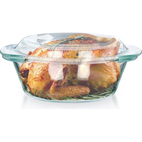 Fuente de horno redonda de vidrio borosilicato con tapa, apta para lavavajillas