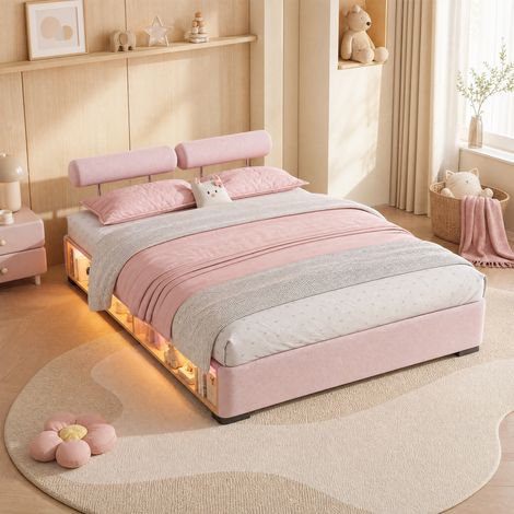 Cama infantil tapizada rosa 140 x 200 cm con estantería LED y almacenaje abierto OKMYHOME (1/5)