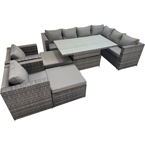Fimous 10 Seater Rattan Height Adjustable Rising Lifting Table Corner Sofa Sets with 2 Chairs 2 Big Stools Dark Grey Mixed (1/5)