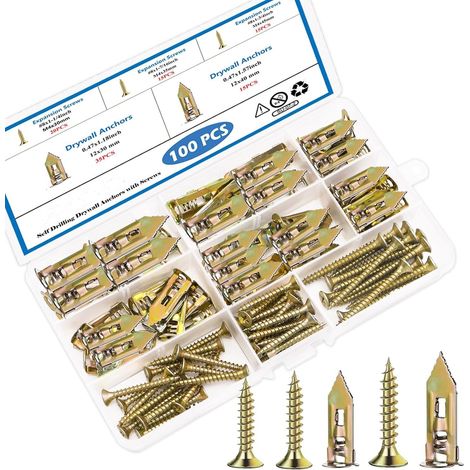 100 PCS Ancres de paroi sèche auto-forage avec kit de vis - 2 tailles Ancres de feuille et 3 tailles Vides d'expansion de zinc, Acier plaqué zinc, Pas de forage nécessaire