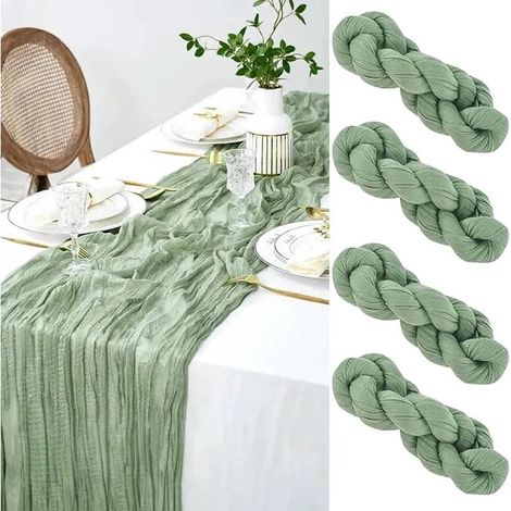 Chemin de Table Vert Sauge - 4 PCS 90 x 300cm - Tablerunner en Gaze de Coton pour Mariage, Anniversaire et Décoration - 4 PC - 4 PCS (1/5)