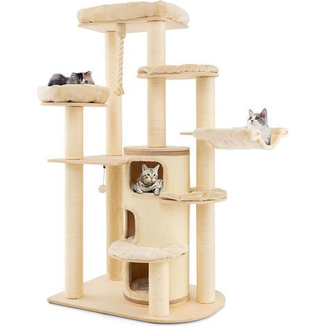 Goplus – Arbre à chat multi-niveaux 173 cm – 3 condos, hamac, griffoirs en sisal – Base antidérapante, coussins amovibles – Beige (1/5)