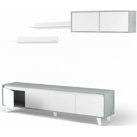 Parete Attrezzata Mobile Porta TV Con Pensile E Mensole Set Da Soggiorno Salotto Design Moderno Da Terra Per Televisori Fino A 77” 200 x 41 x 50 Cm Bianco E Grigio Cemento