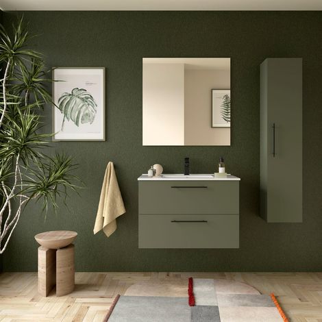 Meubles de salle de bains SILANE 800 2 tiroirs VERT SATIN + Plan vasque + Miroir (1/2)