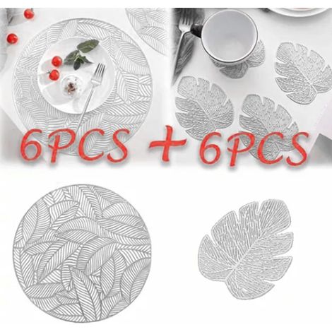 Ensemble de sets de table et sous-verres isolants creux : 6 sets de table ronds et 6 sous-verres en forme de feuille, couleur argent. (1/5)