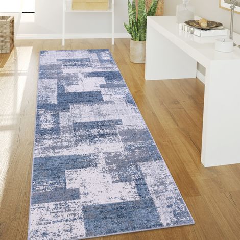 Paco Home Teppich Wohnzimmer Kurzflor Vintage Abstrakt Modern Geometrisch Rautenmuster 80x300 cm, Blau 2