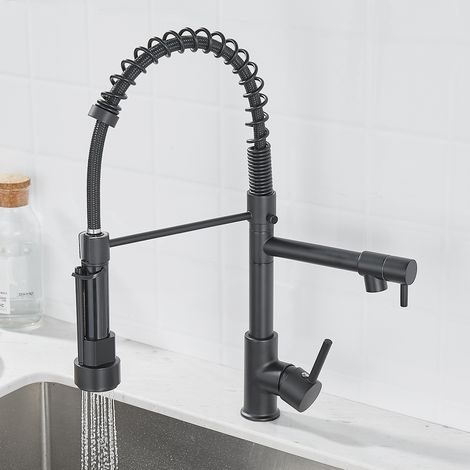 Robinet de cuisine, pulvérisateur à tirette Robinet à ressort, tout en cuivre, eau chaude et froide rotative double mode avec tête de pulvérisation à 2 sorties (jet et pulvérisation) - noir (1/3)