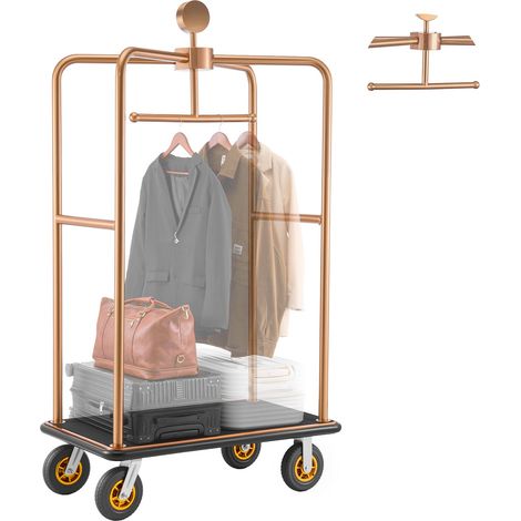 Chariot à Bagages d'Hôtel, Charge Max. 544,31 kg, Chariot Porte-Bagages avec Barre de Suspension pour Complexes Hôteliers, Cadre Inox, Roues en Caoutchouc 203 mm, Plateau Moquetté Noir, Or Rose (1/5)