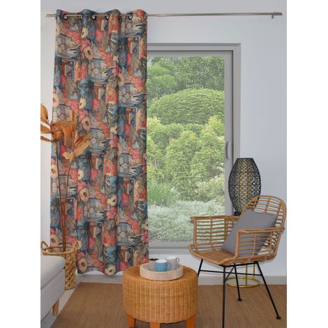 Rideau Imprimé Fleurs Graphiques – 140x240 cm – 100% Polyester - 140x240cm - Bleu canard