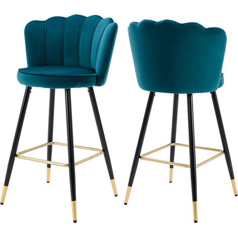 Bar Stools 2Pcs in Velvet Modern Breakfast Counter Chairs with Petal Backrest High Stools for Kitchen Home Bar Pub, Teal, Wahson