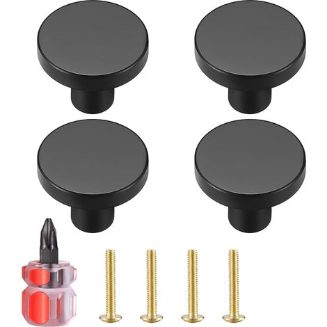 4 Pièces Boutons de Tiroir en Laiton Noir, Boutons de Meubles Armoire Ronds en Noir, Poignees de Porte de Cuisine pour Décor, avec tournevis - 20 25 mm (1/5)