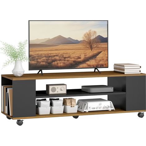 Meuble TV Suspendu ou sur Roues avec 4 Étagères pour Télévision 55 pouces 120x40x38,5 cm Noyer et Noir (1/5)