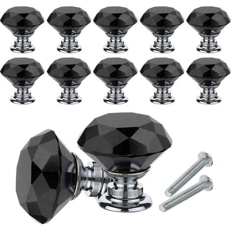 Crystal Cabinet Knobs, 10 Pack Diamond Crystal Knob Handles 30mm Cabinet Drawer Cupboard Door Knob with Screws for Home, Office, Dresser, Kitchen and More (Black)