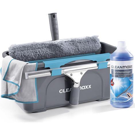 Set de Nettoyage pour des vitres de la Maison Comprend Une raclette, Une Brosse, Un nettoyant, Un Chiffon, Un Seau et 2 Fixations pour la Brosse et la raclette Bleu (1/5)
