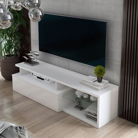 Dmora - Fernsehschrank Baltico, Ständer für Wohnzimmerfernseher, Niedriges Wohnzimmer-Sideboard, TV-Ständerbasis, 160x38h41 cm, Weiß und Glänzendes Weiß (1/5)