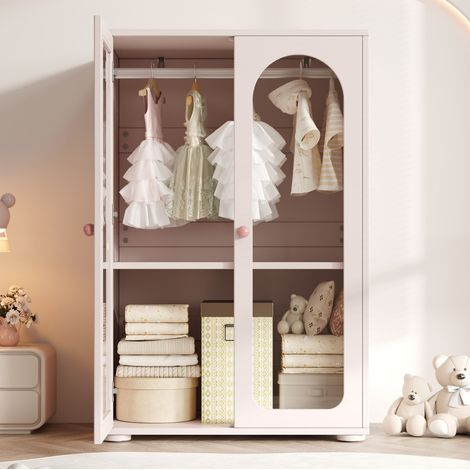 Kleiderschrank aus lackiertem MDF in Babyrosa mit transparenten Acryltüren, höhenverstellbaren Einlegeböden und Kleiderstange 80x50x120 cm (1/5)