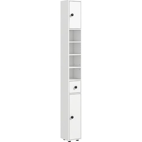 Meuble de salle de bains blanc au design fin. Composé de 4 étagères et d'un tiroir, fabriqué en panneau de particules