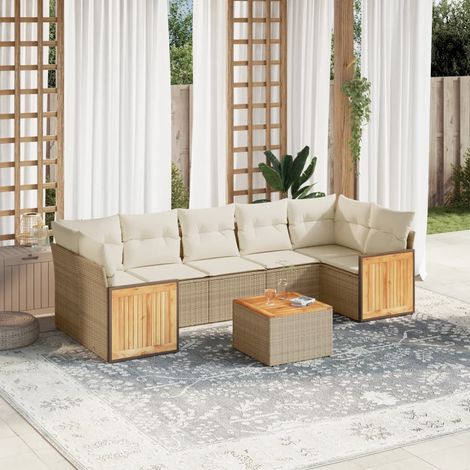 Salon de Jardin 8 Places en Résine Tressée Beige avec Coussins - Ensemble Modulaire avec Table en Acacia (1/5)
