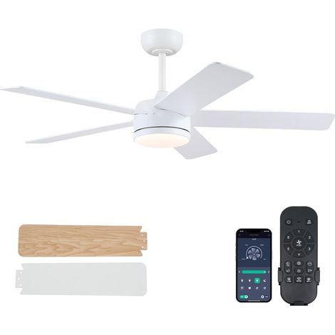 Ventilateur de Plafond Blanc avec Lumière LED 117cm, Moteur DC Silencieux, Profil Bas, 5 Pales Réversibles, Contrôle par App et Télécommande, Design Moderne pour Chambre/Salon (1/5)