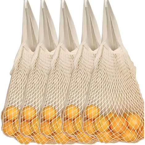 Lot de 5 sacs à provisions réutilisables - Sacs à fruits et légumes en filet 100 % coton avec longue poignée, sac cabas en filet lavable et biologique