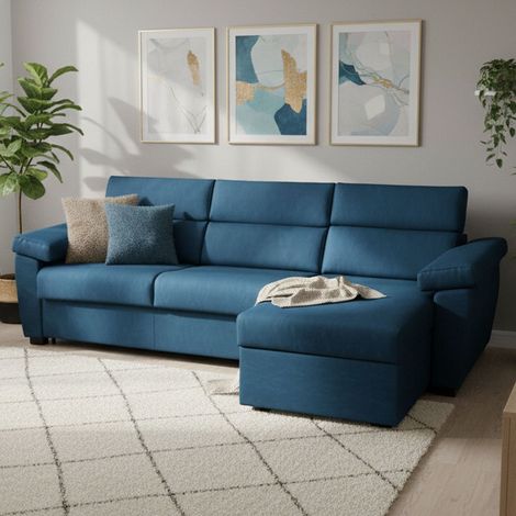 Sofá cama con chaise longue Priverno, desenfundable, con almacenaje Made in Italy, repelente al agua, 285x160 cm azul (1/5)