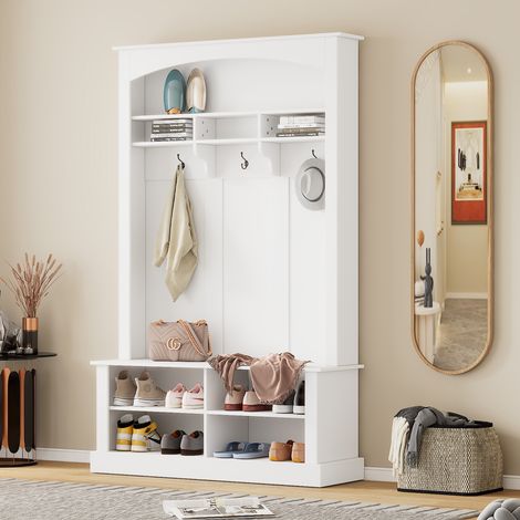 Meuble d'entrée avec banc et étagère à chaussures, banc de rangement avec 3 crochets de suspension et espace de rangement ouvert, rangement rectangulaire et étagères, 40x120x190cm - Blanc (1/5)