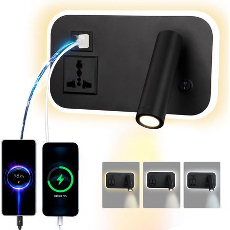 Lampe murale LED 12W avec prise universelle, port USB-C, double interrupteur, gradation tricolore, pivotante et réglable (Noir rectangulaire)
