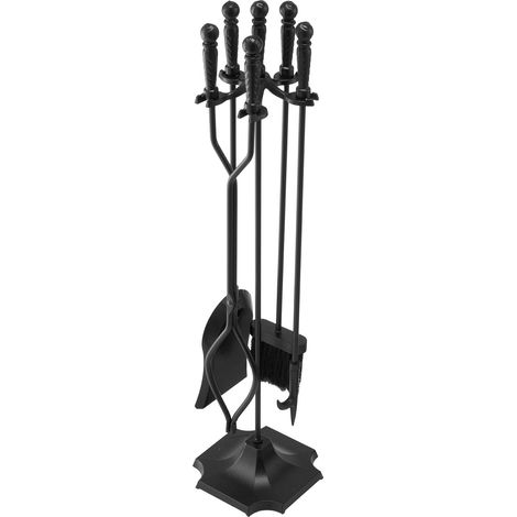 Ensemble d'outils de cheminée, 5 pièces, ensemble serviteur de cheminée en fer forgé avec support à cinq branches, pince, pelle à cendres, brosse, tisonnier, pour intérieur/extérieur, noir (1/5)