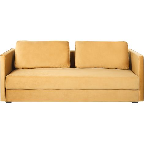 Sofá cama 3 plazas de terciopelo amarillo mostaza almacenaje convertible Eksjo