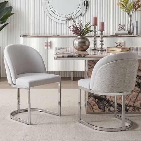 Lot de 2 chaises de salle à manger en chenille, dossier double, pieds métal argenté, gris clair (1/5)