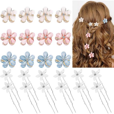 Set 24pcs Pince à cheveux, 12 barrettes fleur multicolores, 12 épingles U blanches, accessoire coiffure mariage fête (1/5)