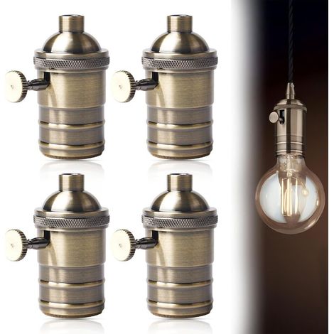 Lot de 4 douilles vintage en aluminium  : douilles bronze 220 V E27 avec interrupteur rotatif, adaptateur pour suspension, ampoule LED, décoration rétro, douille pour suspension [Classe énergétique F] (1/5)