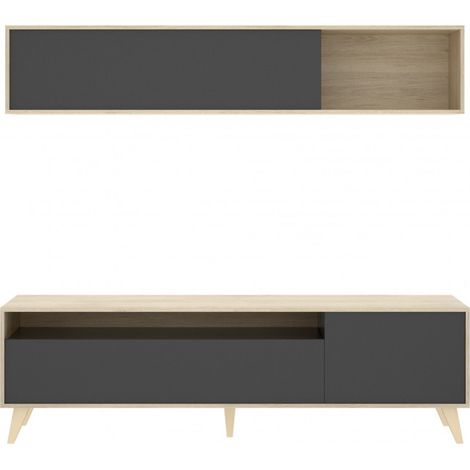 Mural équipée 180 cm porte tv chêne naturel et gris anthracite - Tolosa (1/5)