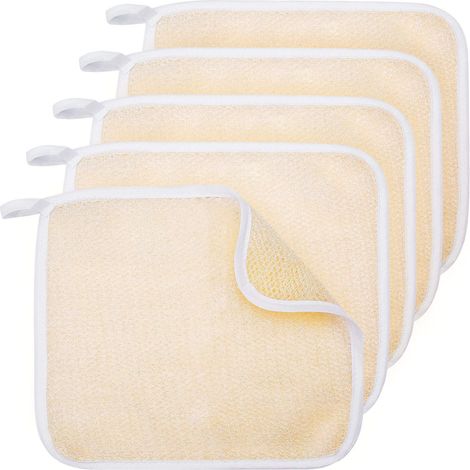 Lot de 5 gants de toilette, nylon exfoliant doux, 26x23 cm, anneau suspension, visage corps homme femme (1/5)