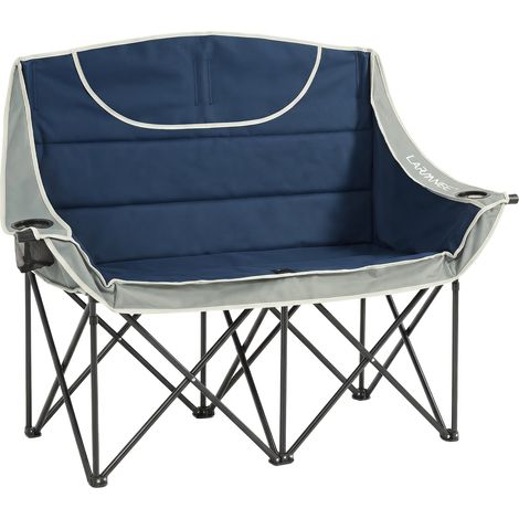 Canapé Camping Double Pliable – 95cm Large, Charge 200kg. Avec 2 Porte-gobelets et Sac. Coussin Bleu-Gris. Modèle (Bleu). (1/5)