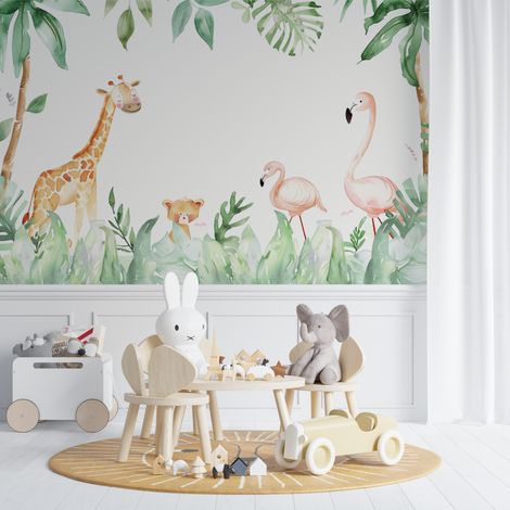 Papier peint enfant doux safari avec girafe et flamants roses 1 - 150 x 250 cm (1/2)