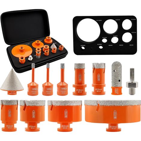Foret Diamant Kit Trépan Carrelage 12pcs 6/6/8/20/25/35/50/68/110mm avec Filetage M14 pour Porcelaine, Céramique,Carrelage,Granit,Marbre, Pierre (1/5)