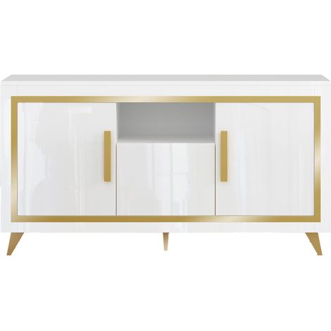 JEMMA - Buffet 3 Portes Laqué Blanc et Décor Doré avec Leds (1/3)