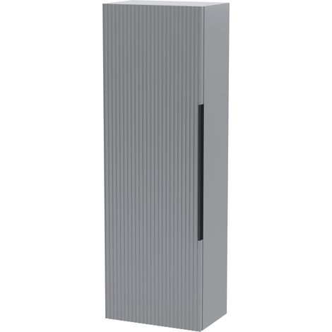 Fluted Front Wall Hung Single Door Tall Bathroom Storage Unit, 400mm, Grey, Black Handle