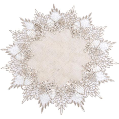 Napperon Rond en Lin avec Bordure en Dentelle pour Salle à Manger, Cuisine (40 x 40 cm, Beige) (1/5)