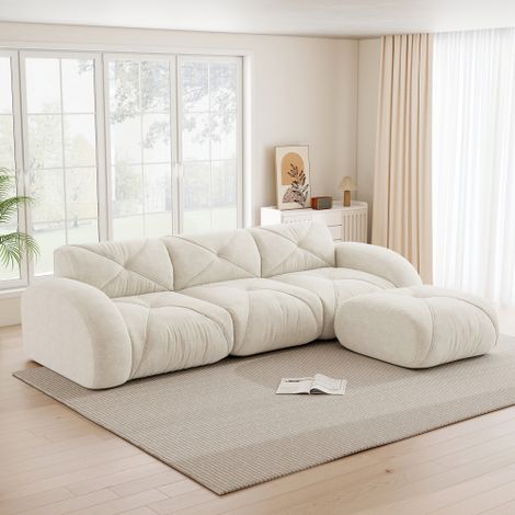 L-förmiger Sessel, modulares Sofa, Dreisitzer-Kombinationssofa geeignet für das Wohnzimmer, rutschfeste Unterseite, keine Montage erforderlich, modulares Sofa mit Fußstütze, Weiß 
WL