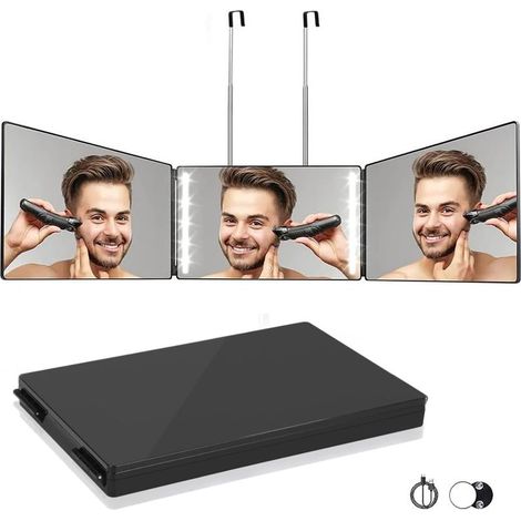 Miroir 360° Coiffure Homme Femme LED 3 Faces avec Crochets Portable Pliable Hauteur Réglable pour Coiffure, Rasage, Maquillage (1/5)